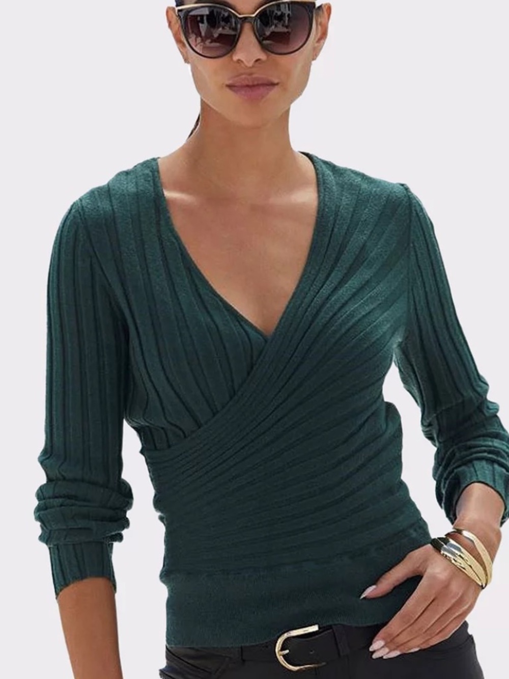 Lascana Dark Green Long Sleeve Ribbed Surplice Sweater Top Sz. Small